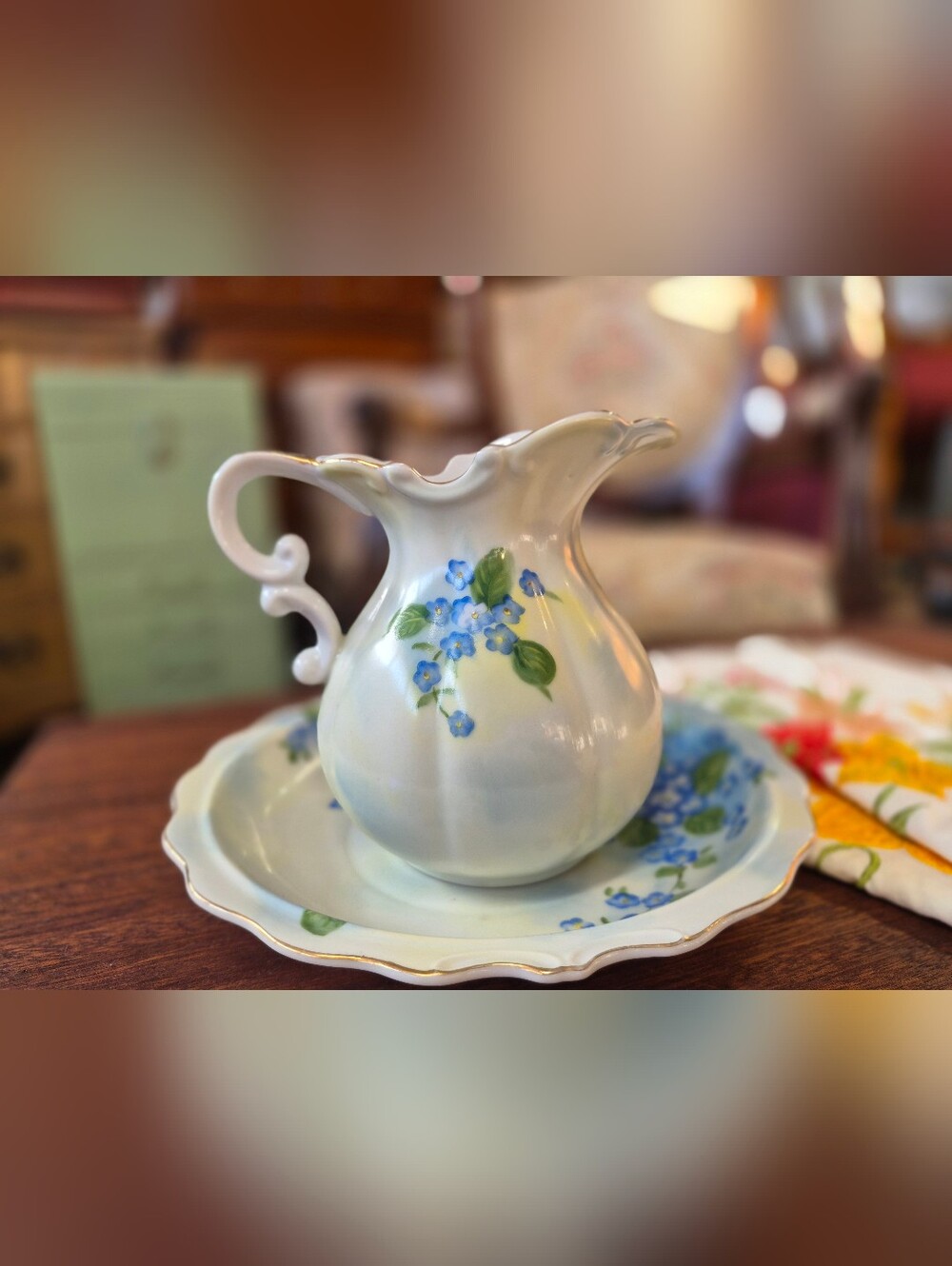 Hand-Painted Floral Porcelain Creamer in White with Blue Flowers